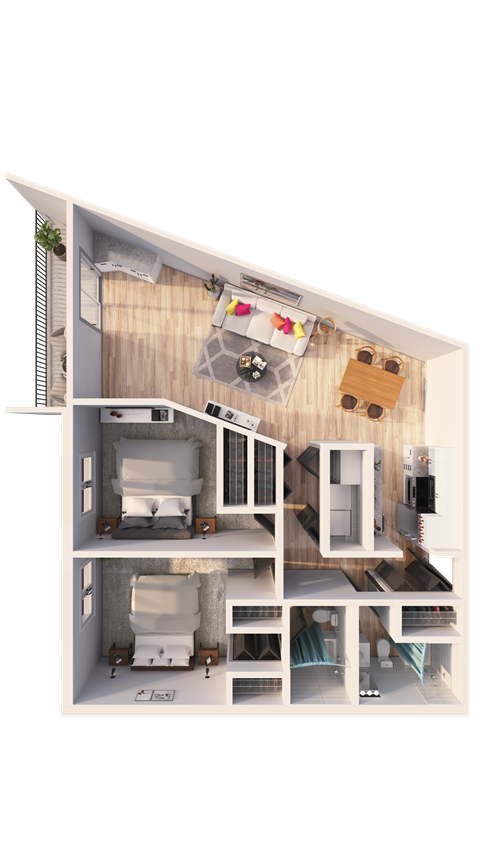 Floor plan for 2 beds, 2 baths, 1041 sqft