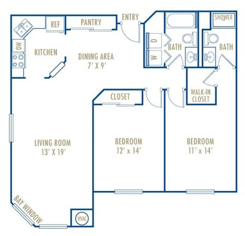 Floor plan for 2 beds, 2 baths, 1170 sqft