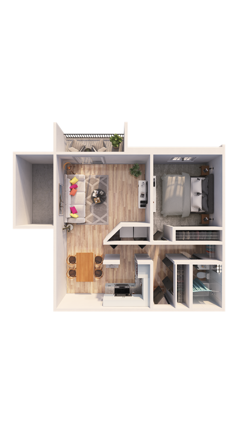 Floor plan for 1 bed, 1 bath, 763 sqft