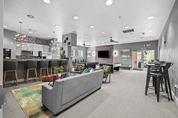 Dallas apartment for rent - A living room with a grey couch and a kitchen area in the background.