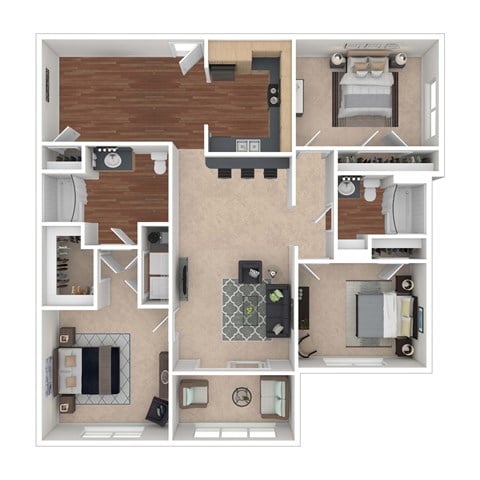 Floor plan for 3 beds, 2 baths, 1443 sqft