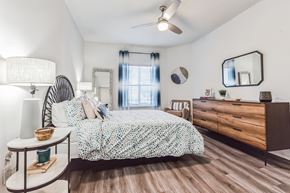 Birmingham apartment for rent - A bedroom with a bed, dresser, and mirror.