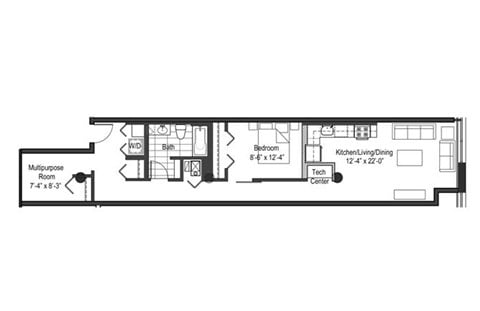 Floor plan for 1 bed, 1 bath, 872 sqft