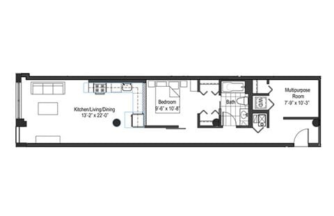 Floor plan for 1 bed, 1 bath, 873 sqft