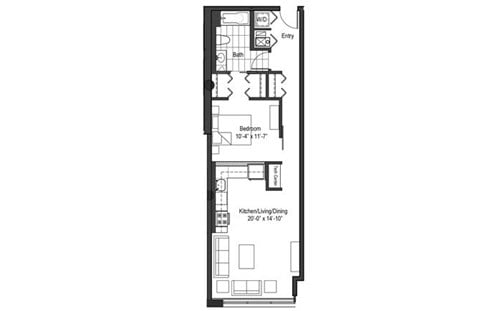 Floor plan for 1 bed, 1 bath, 771 sqft