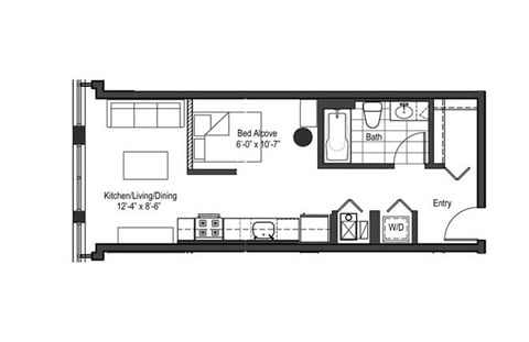 Floor plan for studio, 1 bath, 518 sqft