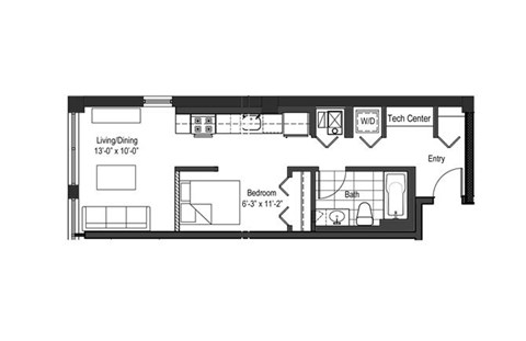 Floor plan for studio, 1 bath, 573 sqft