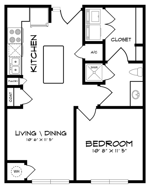 Floor plan for 1 bed, 1 bath, 625 sqft