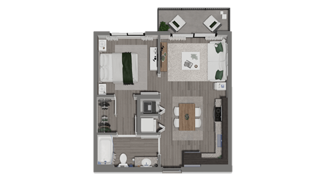 Floor plan for 1 bed, 1 bath, 599 sqft