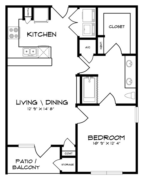 Floor plan for 1 bed, 1 bath, 726 sqft