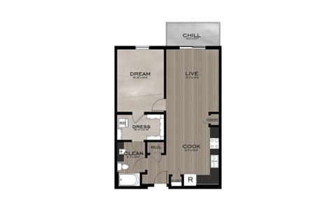 Floor plan for 1 bed, 1 bath, 750 sqft