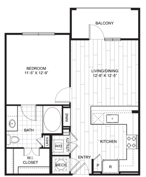 Floor plan for 1 bed, 1 bath, 644 sqft