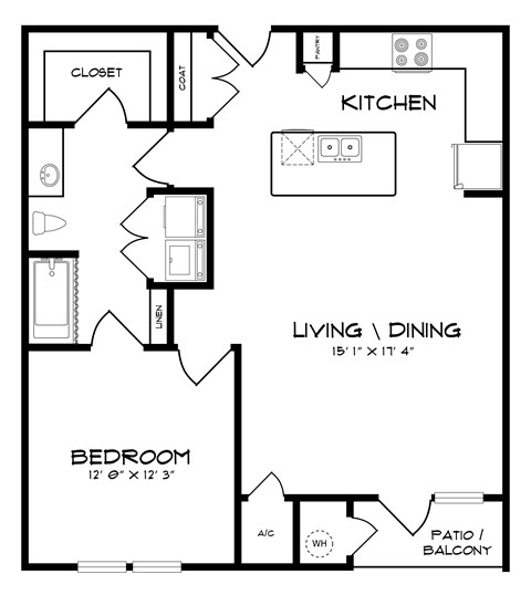 Floor plan for 1 bed, 1 bath, 847 sqft