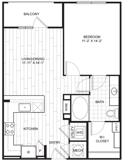 Floor plan for 1 bed, 1 bath, 700 sqft