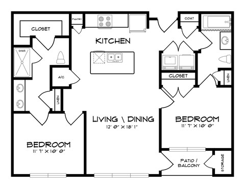 Floor plan for 2 beds, 2 baths, 957 sqft
