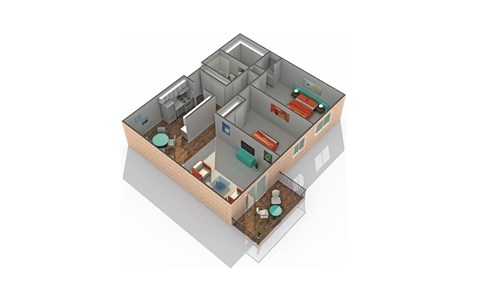 Floor plan for 2 beds, 1 bath, 979 sqft