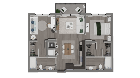 Floor plan for 2 beds, 2 baths, 849 sqft