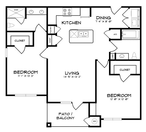 Floor plan for 2 beds, 2 baths, 1067 sqft
