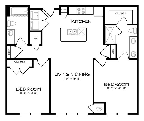 Floor plan for 2 beds, 2 baths, 1100 sqft