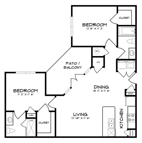 Floor plan for 2 beds, 2 baths, 990 sqft