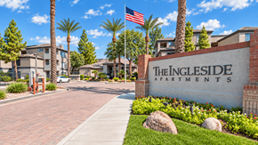 Phoenix apartment for rent - The Ingleside Apartments sign is displayed in front of a building with palm trees.