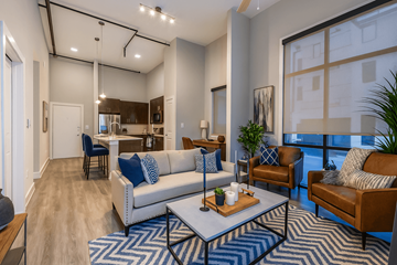 North Richland Hills apartment for rent - A living room with a white couch and a blue and white rug.