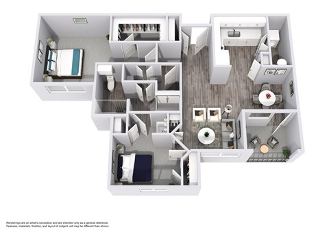 Floor plan for 2 beds, 1 bath, 843 sqft