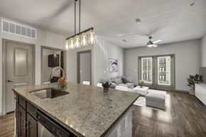 Austin apartment for rent - an open kitchen and living room with a granite counter top