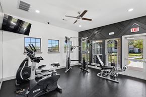 Conroe apartment for rent - A gym with a variety of equipment including a stationary bike, a rowing machine, and a treadmill.