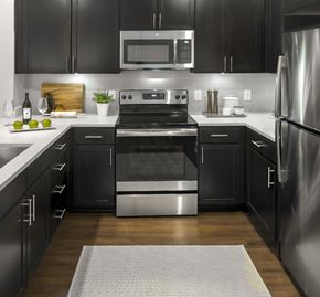 Houston apartment for rent - A modern kitchen with black cabinets and stainless steel appliances.