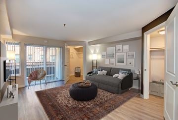 Seattle apartment for rent - A living room with a grey couch and a red rug.