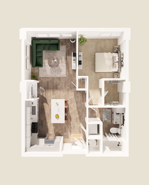 Floor plan for 1 bed, 1 bath, 735 sqft