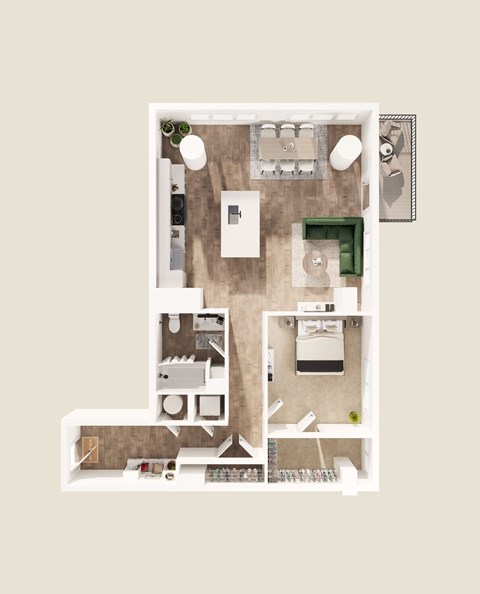 Floor plan for 1 bed, 1 bath, 917 sqft