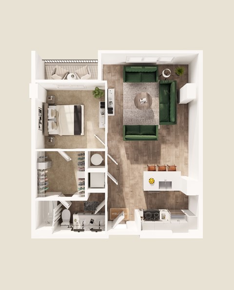 Floor plan for 1 bed, 1 bath, 857 sqft