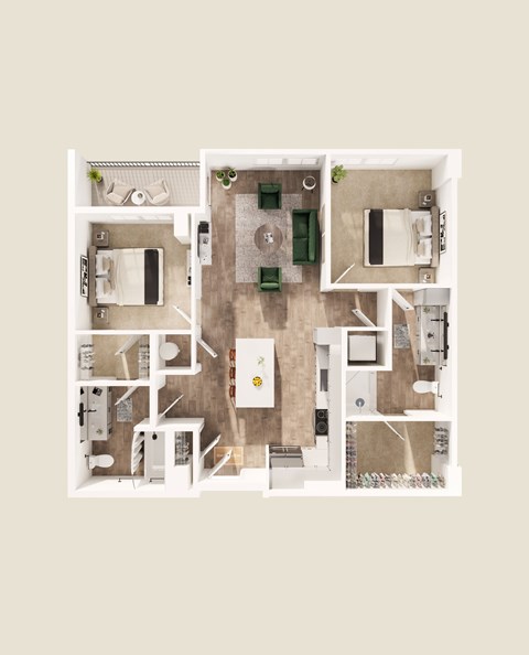 Floor plan for 2 beds, 2 baths, 935 sqft