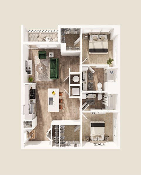 Floor plan for 2 beds, 2 baths, 985 sqft