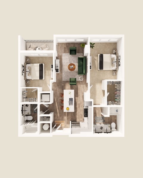 Floor plan for 2 beds, 2 baths, 1001 sqft