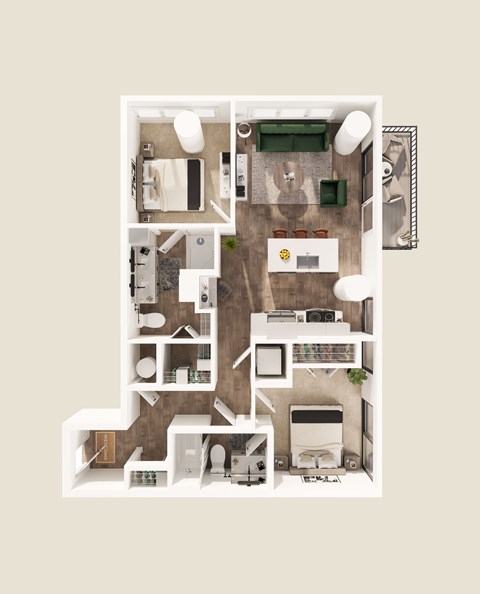 Floor plan for 2 beds, 2 baths, 985 sqft