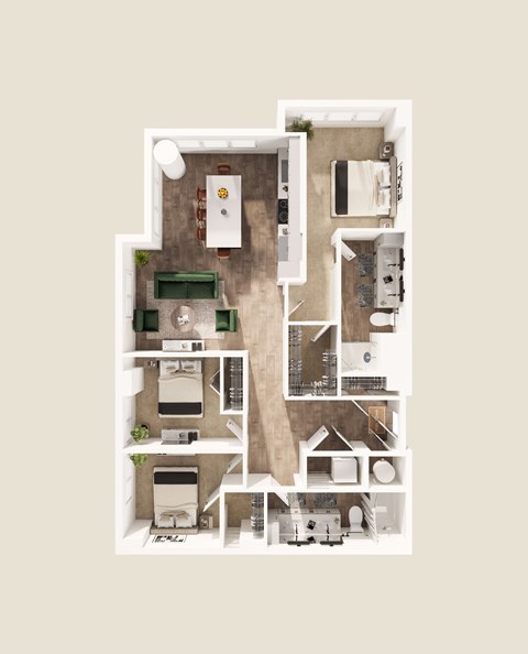 Floor plan for 3 beds, 2 baths, 1285 sqft