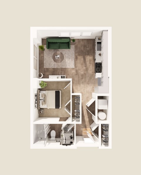 Floor plan for studio, 1 bath, 585 sqft