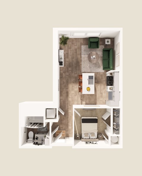 Floor plan for studio, 1 bath, 638 sqft