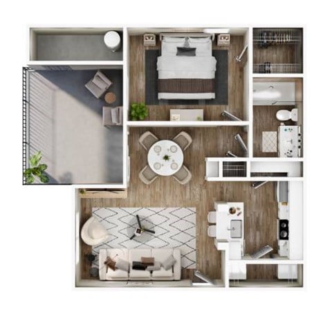 Floor plan for 1 bed, 1 bath, 676 sqft