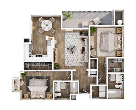 Floor plan for 2 beds, 2 baths, 1166 sqft