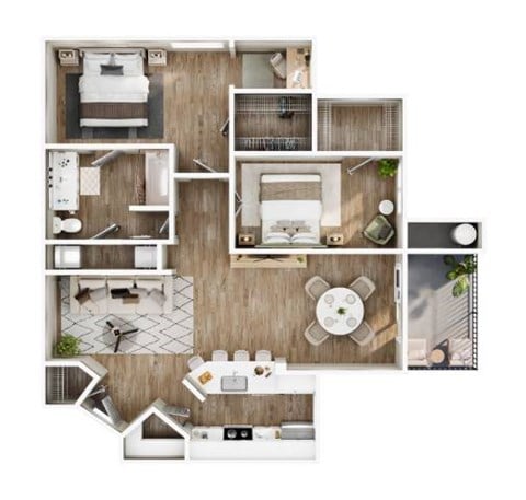 Floor plan for 2 beds, 1 bath, 958 sqft