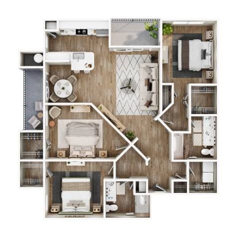 Floor plan for 3 beds, 2 baths, 1353 sqft