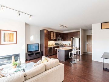 Minneapolis apartment for rent - a living room and kitchen with a couch and a tv