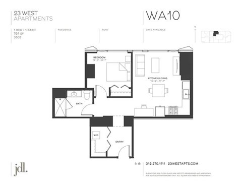 Floor plan for 1 bed, 1 bath, 761 sqft