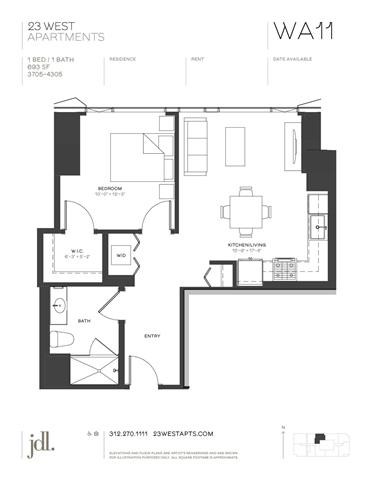 Floor plan for 1 bed, 1 bath, 693 sqft