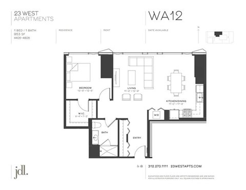 Floor plan for 1 bed, 1 bath, 953 sqft
