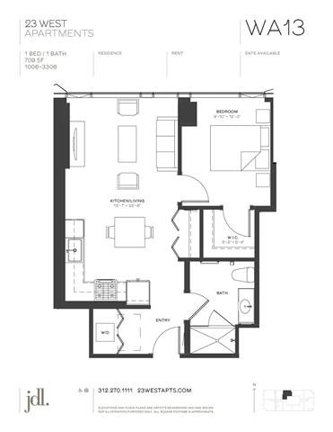 Floor plan for 1 bed, 1 bath, 709 sqft